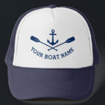 Your Boat Name Nautical Anchor Crossed Oars Navy Trucker Hat<br><div class="desc">A Nautical Boat Anchor and Crossed Oars with Your Personalised Boat Name or other Text in Navy Blue on a Stylish Trucker Hat.</div>