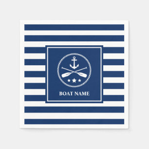 Your Boat Name Nautical Anchor & Oars Blue Striped Napkin