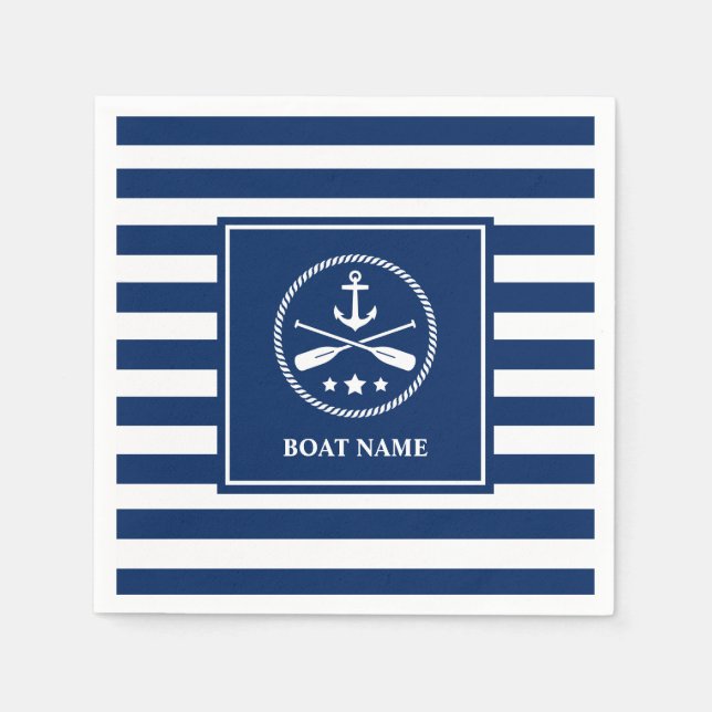 Your Boat Name Nautical Anchor & Oars Blue Striped Napkin (Front)