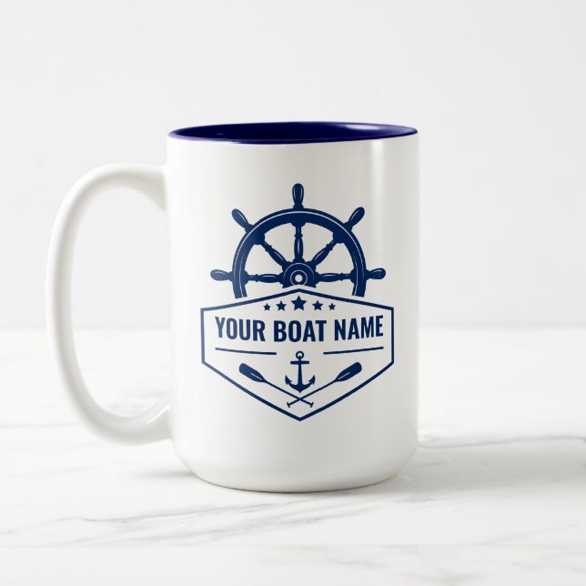 Your Boat Name Nautical Anchor Oars Helm Large Two-Tone Coffee Mug (Left)