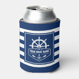 Your Boat Name Nautical Anchor Oars Helm Navy Blue Can Cooler