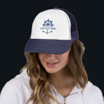 Your Boat Name Nautical Anchor Oars Helm Navy Blue Trucker Hat<br><div class="desc">Custom Designed Nautical Anchor,  Crossed Oars,  Ships wheel - Helm and Stars with Your Personalised Boat Name Captain Title or other Text on a Stylish Trucker Hat.</div>