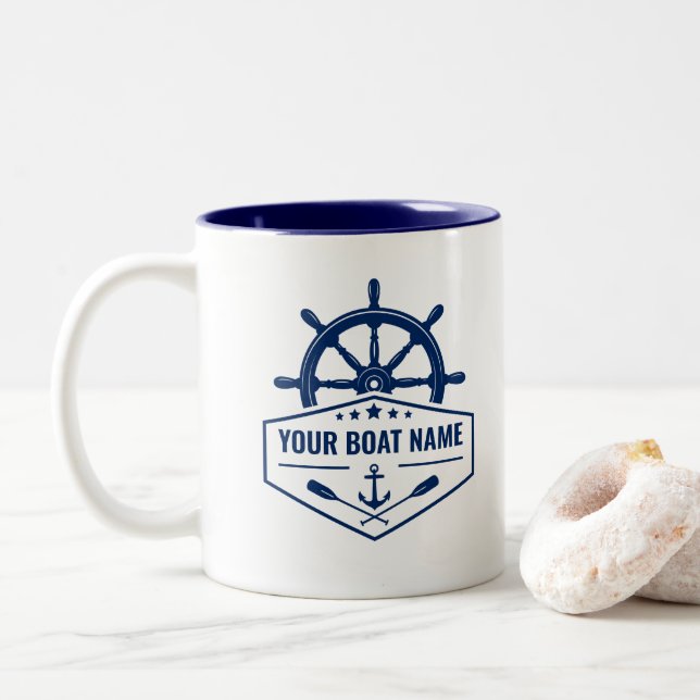 Your Boat Name Nautical Anchor Oars Helm Navy Two-Tone Coffee Mug (With Donut)