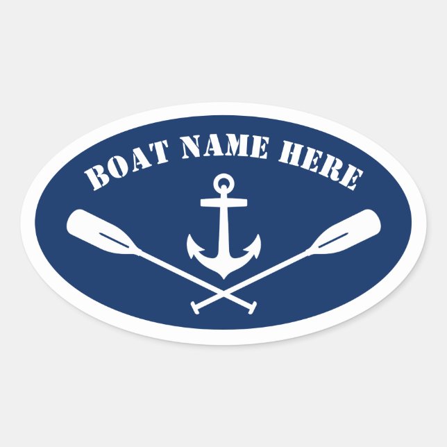 Your Boat Name Nautical Anchor & Oars Navy Blue Oval Sticker (Front)