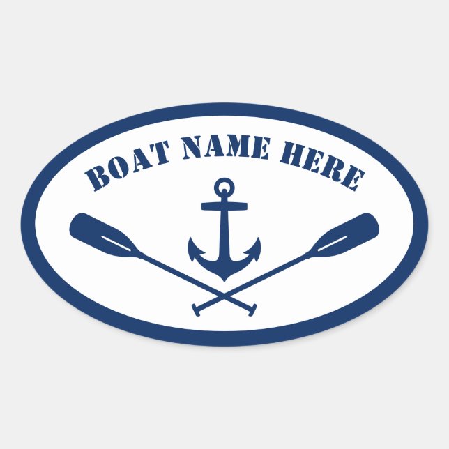 Your Boat Name Nautical Anchor & Oars Navy Blue Oval Sticker (Front)