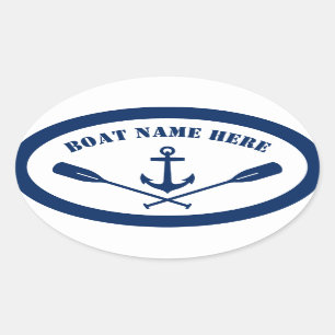 Your Boat Name Nautical Anchor & Oars Navy Blue Oval Sticker