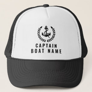 Your Boat Name Nautical Black white Anchor Captain Trucker Hat