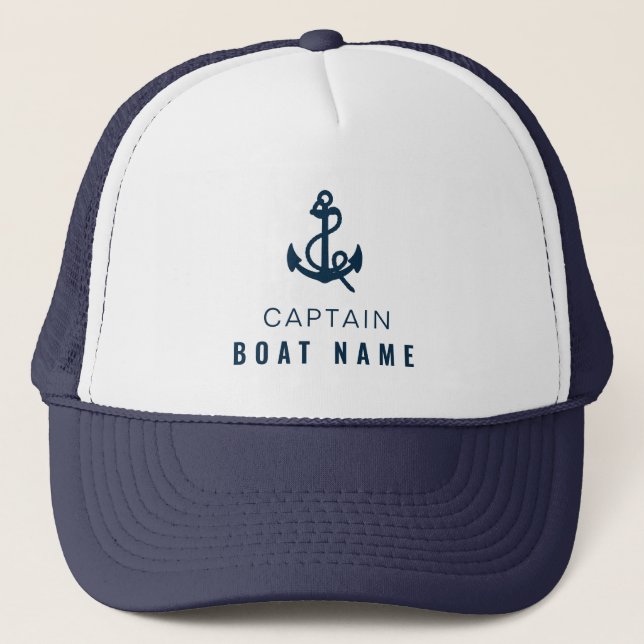 Your Boat Name Nautical Blue white Anchor Captain  Trucker Hat (Front)