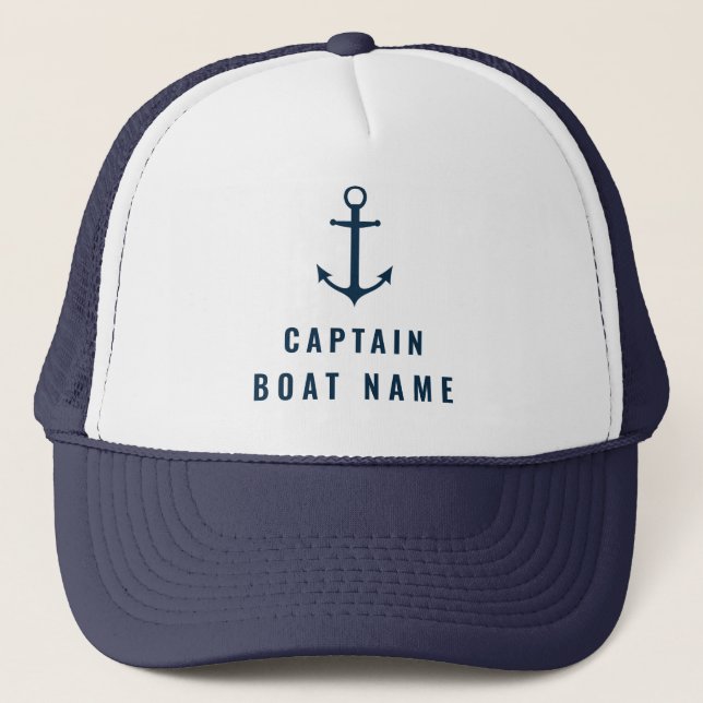 Your Boat Name Nautical Blue white Anchor Captain  Trucker Hat (Front)