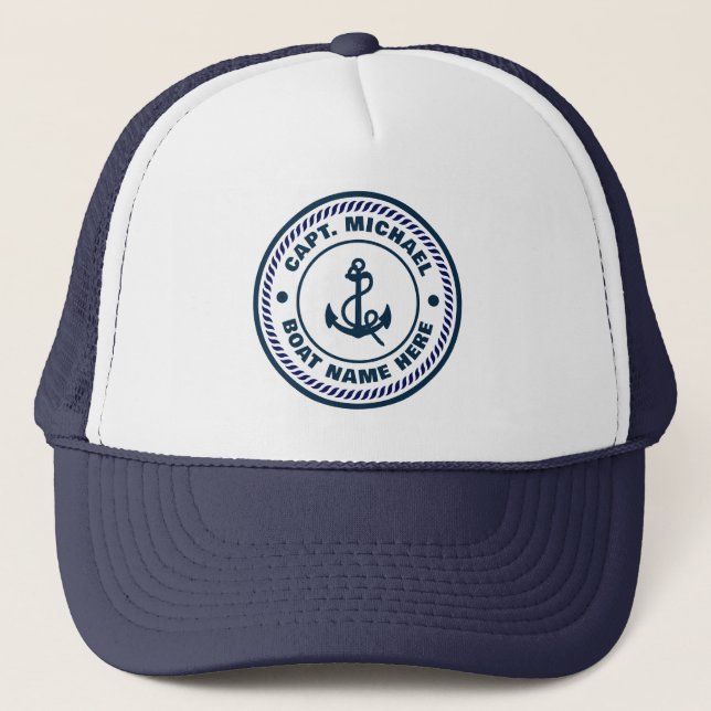 Your Boat Name Nautical Blue white Anchor Captain  Trucker Hat (Front)