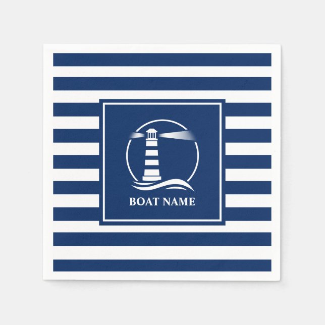 Your Boat Name Nautical Classic Lighthouse Striped Napkin (Front)