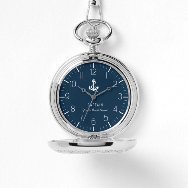 Your Boat Name Nautical Navy Blue Anchor Captain Watch (Front)