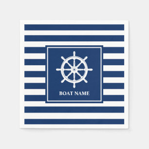 Your Boat Name Nautical Ships Wheel Helm Striped Napkin