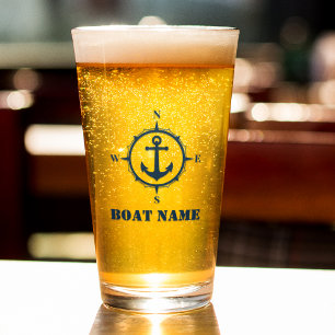 Your Boat Name Navy Blue Compass Anchor Glass