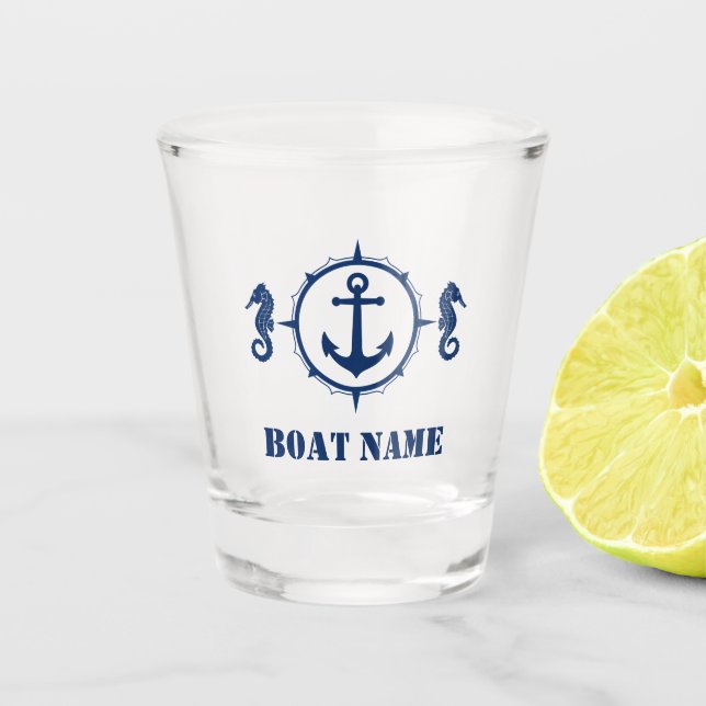 Your Boat Name Navy Seahorse Anchor Blue Shot Glass (Front)