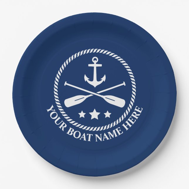 Your Boat Name or Text Anchor & Oars Navy Blue Paper Plate (Front)