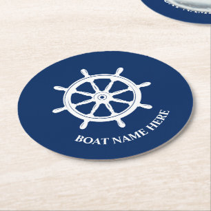 Your Boat Name or Text Ships Wheel Helm Blue Round Paper Coaster