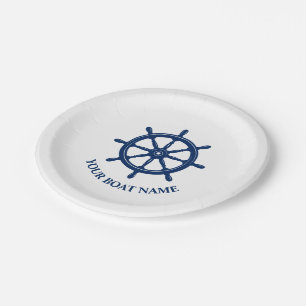 Your Boat Name or Text & Ships Wheel Helm Paper Plate