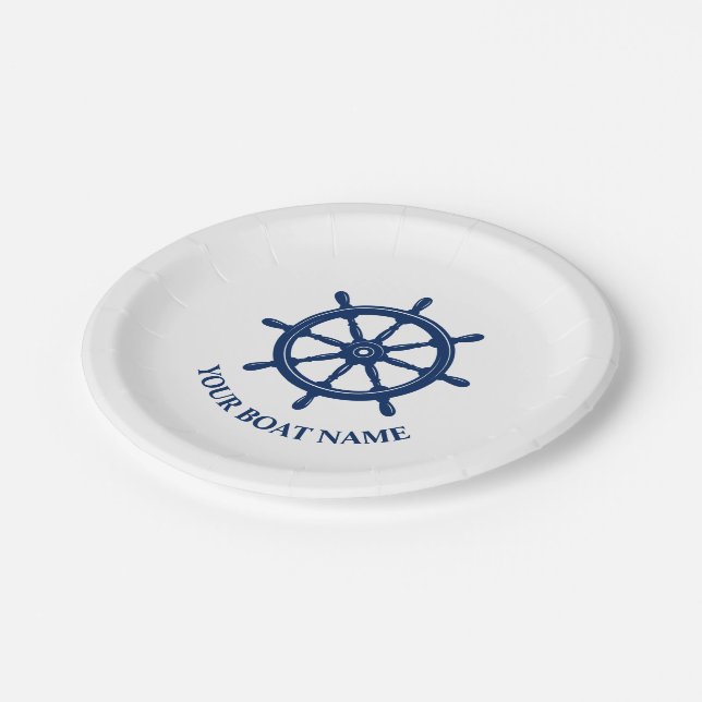Your Boat Name or Text & Ships Wheel Helm Paper Plate (Angled)