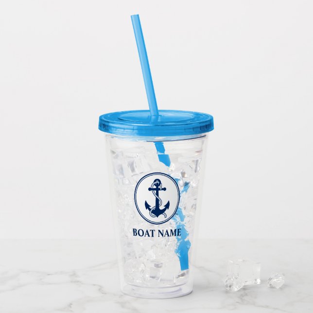 Your Boat Name Rope & Anchor Blue Acrylic Tumbler (Front Ice)