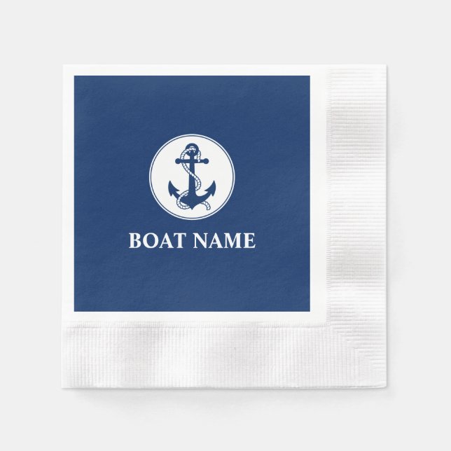 Your Boat Name Rope & Anchor Blue Cocktail Napkin (Front)