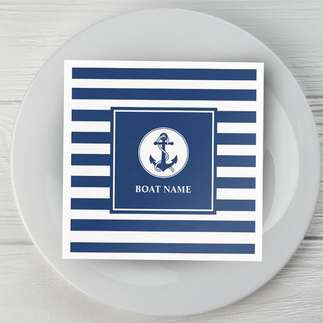 Your Boat Name Rope & Anchor Blue Stripes Napkin (Creator Uploaded)