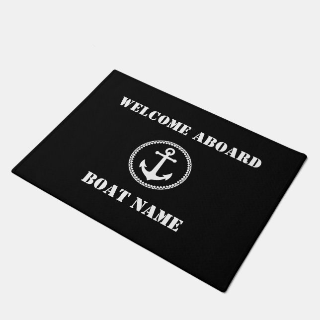 Your Boat Name Sea Anchor Black Welcome Aboard Doormat (Angled)