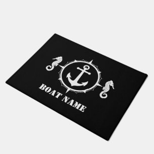 Your Boat Name Seahorse Anchor Black Doormat