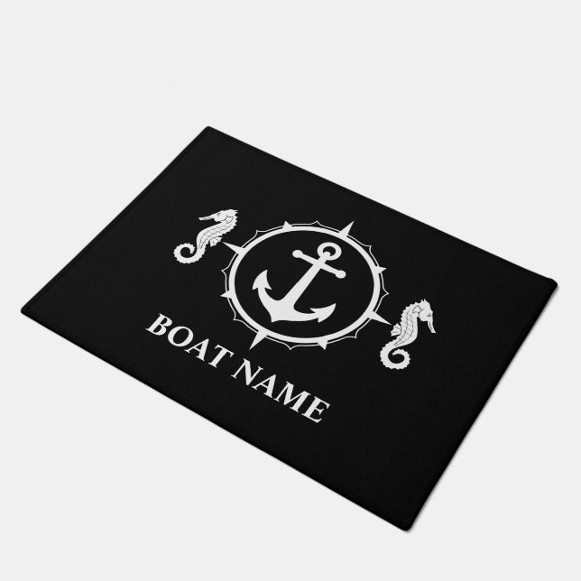 Your Boat Name Seahorse Anchor Black Doormat (Angled)