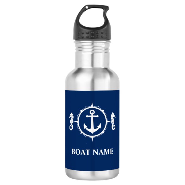 Your Boat Name Seahorse Anchor Blue 532 Ml Water Bottle (Front)