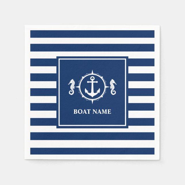 Your Boat Name Seahorse Anchor Blue Stripes Napkin (Front)