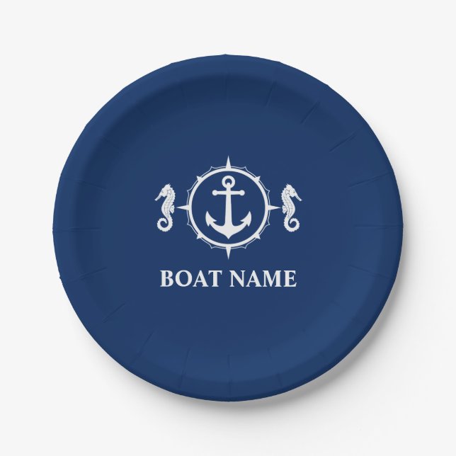 Your Boat Name Seahorse Anchor Navy Blue 7" Paper Plate (Front)