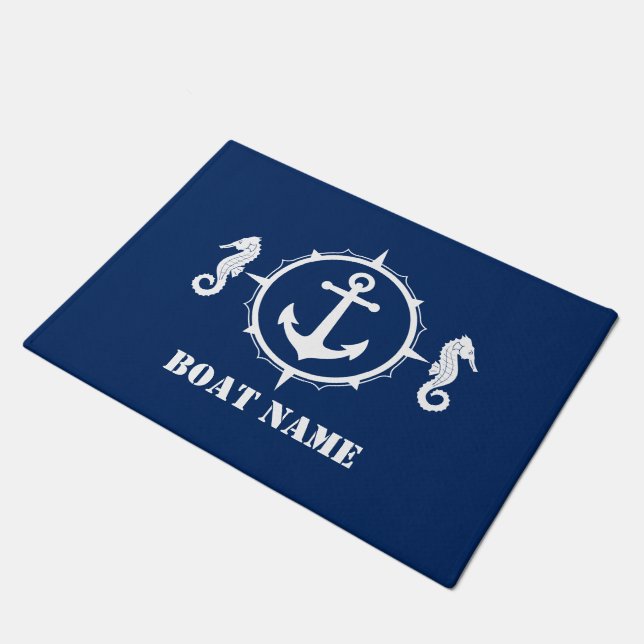 Your Boat Name Seahorse Nautical Anchor Navy Blue Doormat (Angled)