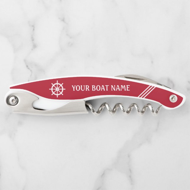 Your Boat Name Ship Wheel Helm Red White Stripe Corkscrew (Front)