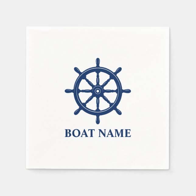 Your Boat Name Ships Wheel Helm Navy Blue Napkin (Front)