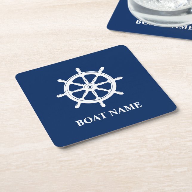 Your Boat Name Ships Wheel Helm Navy Blue Square Paper Coaster (Angled)