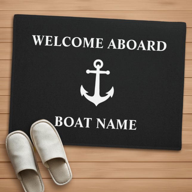 Your Boat Name Vintage Anchor Black Welcome Aboard Doormat (Creator Uploaded)
