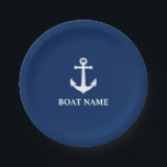 Your Boat Name Vintage Anchor Navy Blue 7" Paper Plate<br><div class="desc">Your Custom Boat Name Navy Blue and White Vintage Anchor Paper Plate.</div>