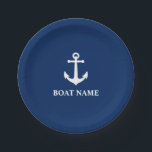 Your Boat Name Vintage Anchor Navy Blue 7" Paper Plate<br><div class="desc">Your Custom Boat Name Navy Blue and White Vintage Anchor Paper Plate.</div>