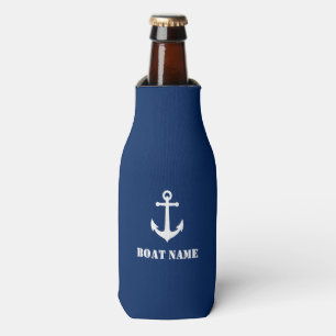 Your Boat Name Vintage Nautical Anchor Navy Blue Bottle Cooler