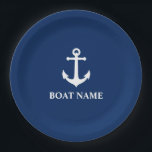 Your Boat Name Vintage Nautical Anchor Navy Blue Paper Plate<br><div class="desc">Your Boat Name Navy Blue and White Vintage nautical Anchor Paper Plate</div>