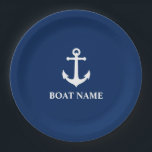 Your Boat Name Vintage Nautical Anchor Navy Blue Paper Plate<br><div class="desc">Your Boat Name Navy Blue and White Vintage nautical Anchor Paper Plate</div>
