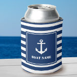 Your Boat Name Vintage Nautical Anchor Striped Can Cooler<br><div class="desc">Your Personalised Boat Name Vintage Nautical Anchor Striped Can Cooler.</div>