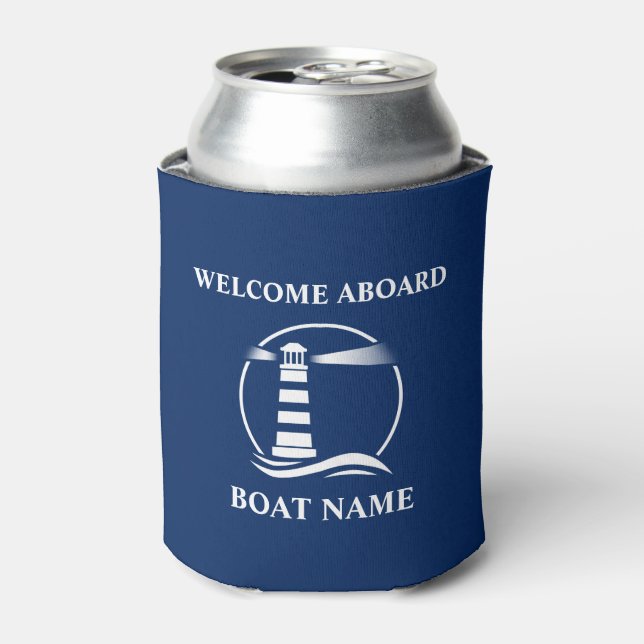 Your Boat Name Welcome Aboard Classic Lighthouse Can Cooler (Can Front)