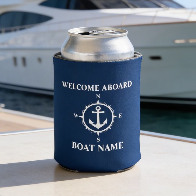 Your Boat Name Welcome Aboard Compass Anchor Blue Can Cooler (Creator Uploaded)