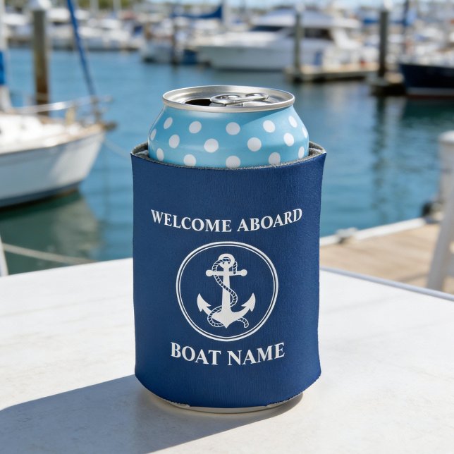 Your Boat Name Welcome Aboard Rope Anchor Blue Can Cooler (Creator Uploaded)