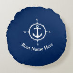 Your Boat Name With Compass Anchor Navy Blue Round Cushion<br><div class="desc">Your Boat Name With Compass Anchor Round Navy Blue Pillow Cushion.</div>