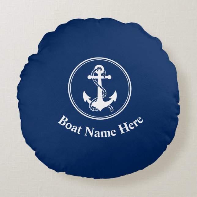 Your Boat Name With Rope & Anchor Navy Blue Round Cushion (Front)