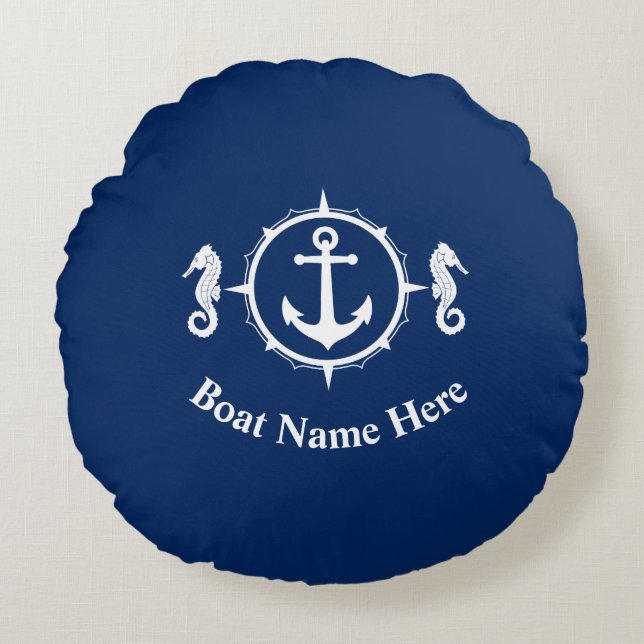 Your Boat Name With Seahorse Anchor Navy Blue Round Cushion (Front)