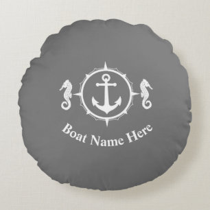 Your Boat Name With Seahorse Anchor On Grey Round Cushion